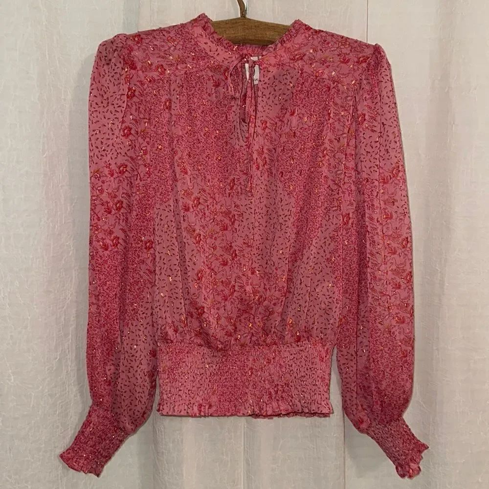 joie S Mock Neck Tie Front Long Balloon Sleeve Pink Gold Metallic Blouse